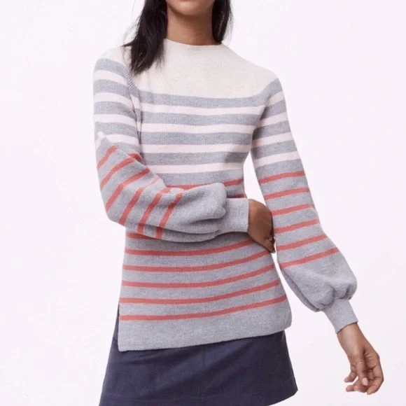 The Loft Striped Mock Neck Blousen Women's Sweater in Gray, Cream & Coral - Picture 5 of 6